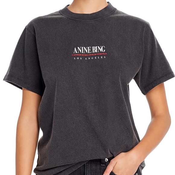 Anine Bing Tops - Anine Bing Charcoal Tee with Logo